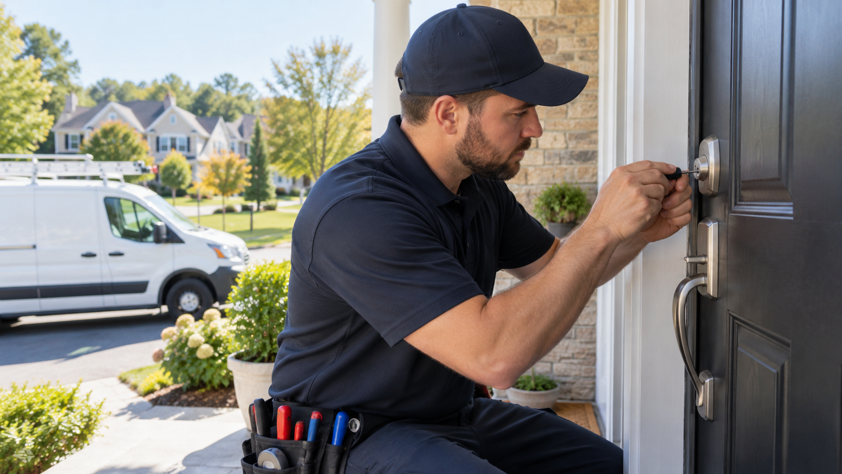 RapidLock locksmith in navy uniform changing a home door lock, service van parked outside